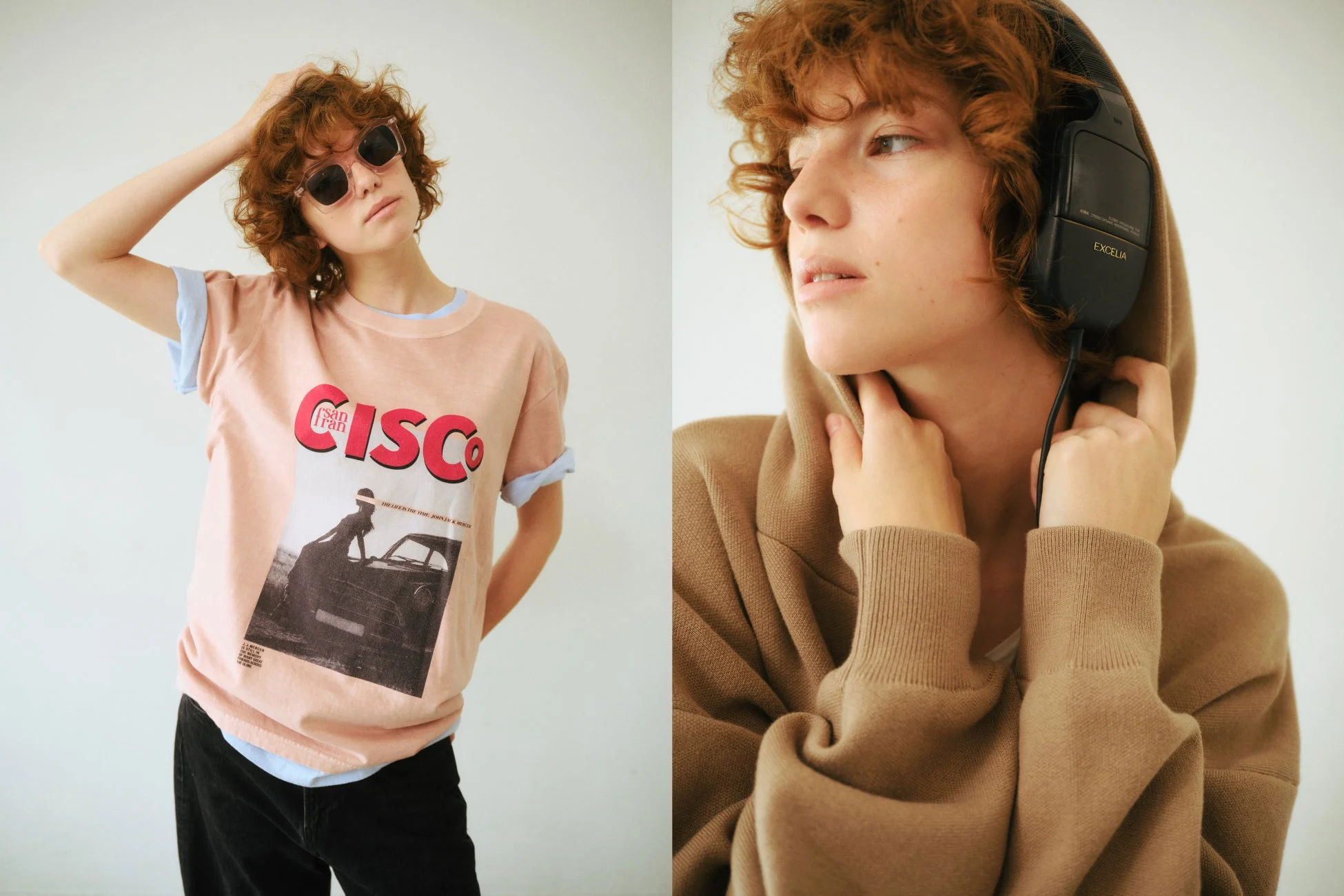人物がTシャツやパーカーを着用しヘッドホンを装着
