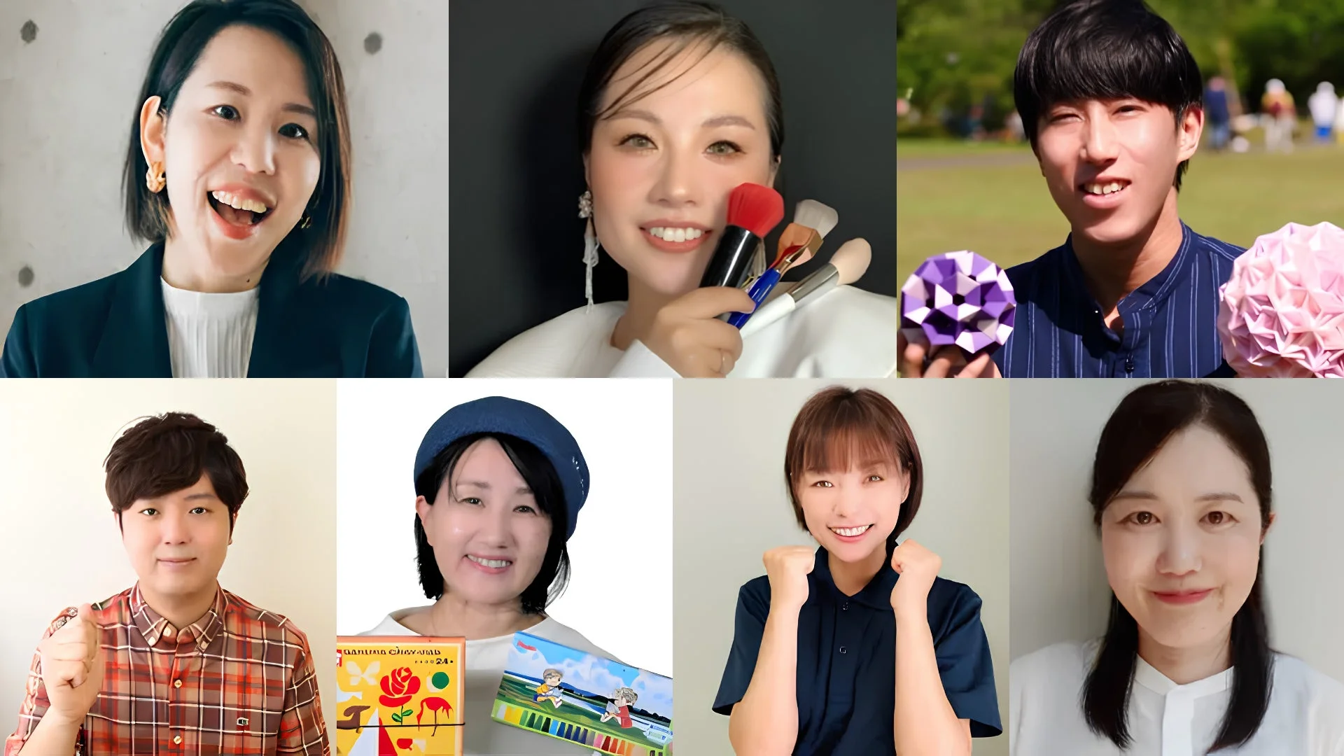 人々、ポートレート、笑顔、オンライン会議、多様な人々、日本人、男性、女性、メイクブラシ、折り紙、クレヨン、集合写真、ポジティブ、楽しそうな表情