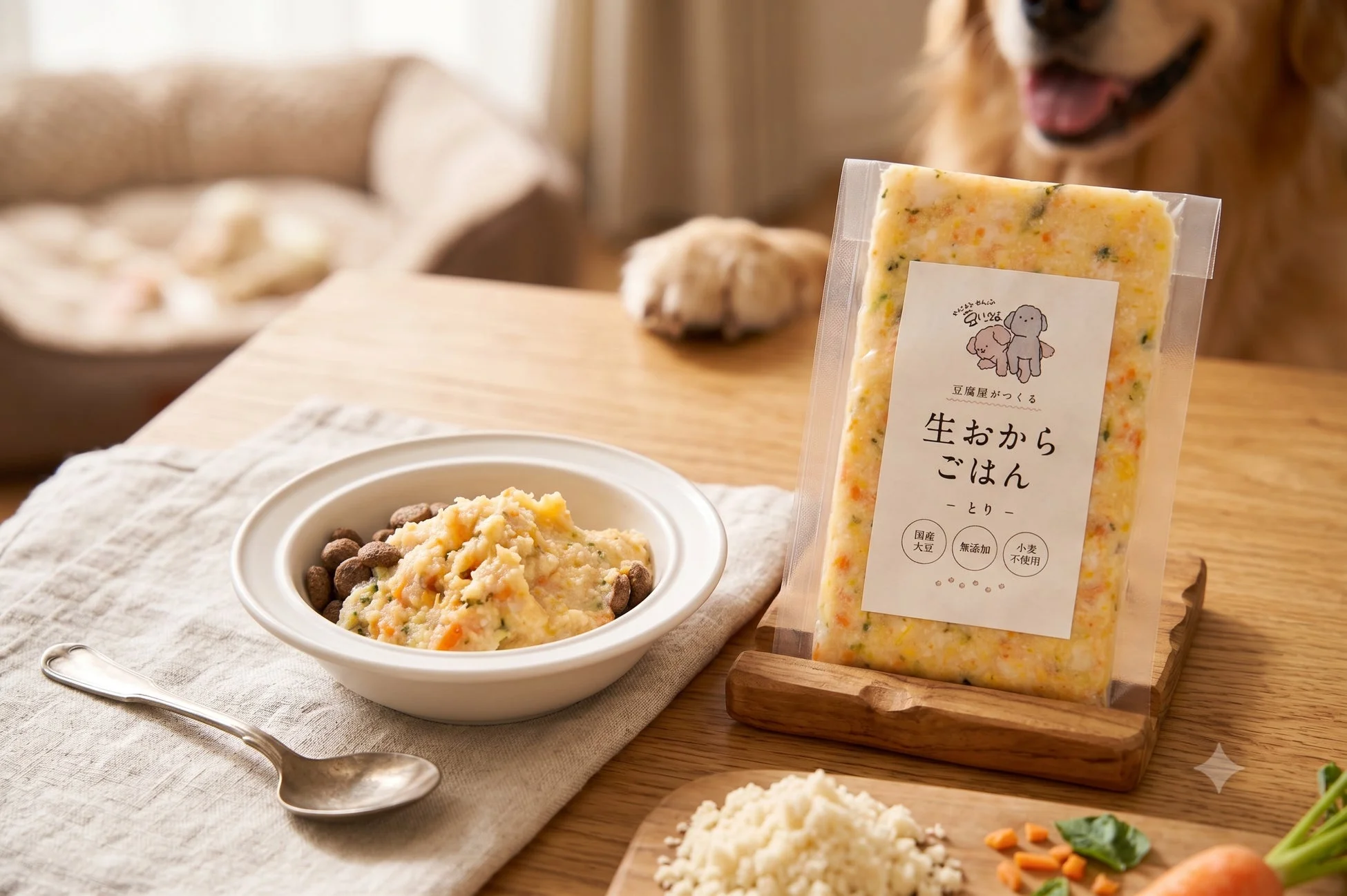 ゴールデンレトリバーが見守る中、おからを主成分とした犬用ごはんが器に盛られています。