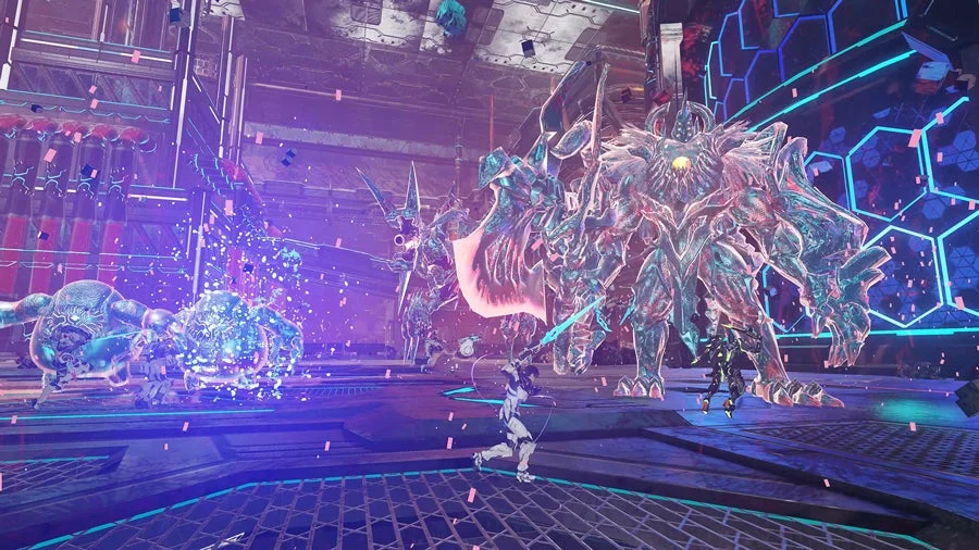 SFアクションゲームの戦闘シーン、複数の巨大モンスター