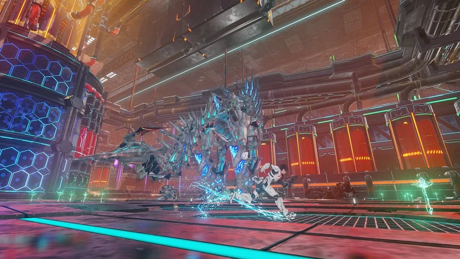 SFアクションゲームの戦闘シーン、巨大メカ生物とキャラクター