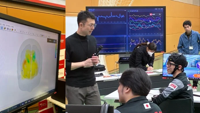 脳波測定ヘッドセットを装着してeスポーツを体験する参加者