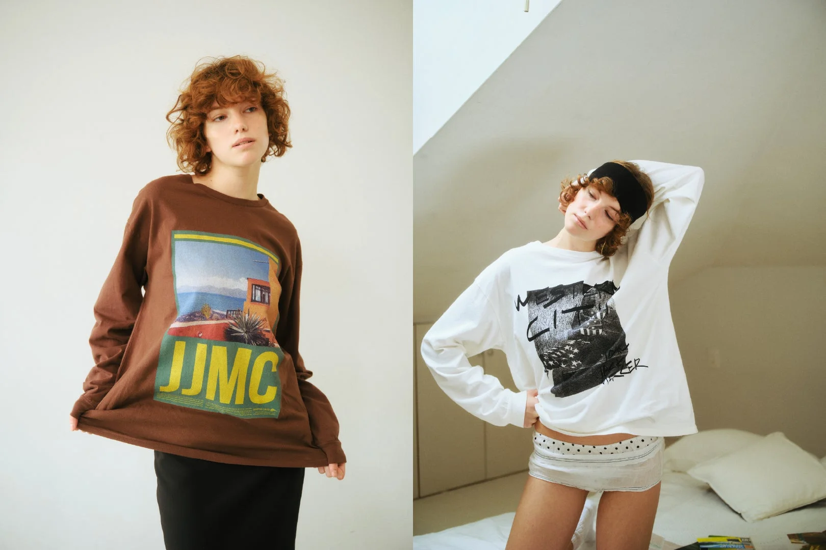 女性モデルがグラフィックTシャツを着用