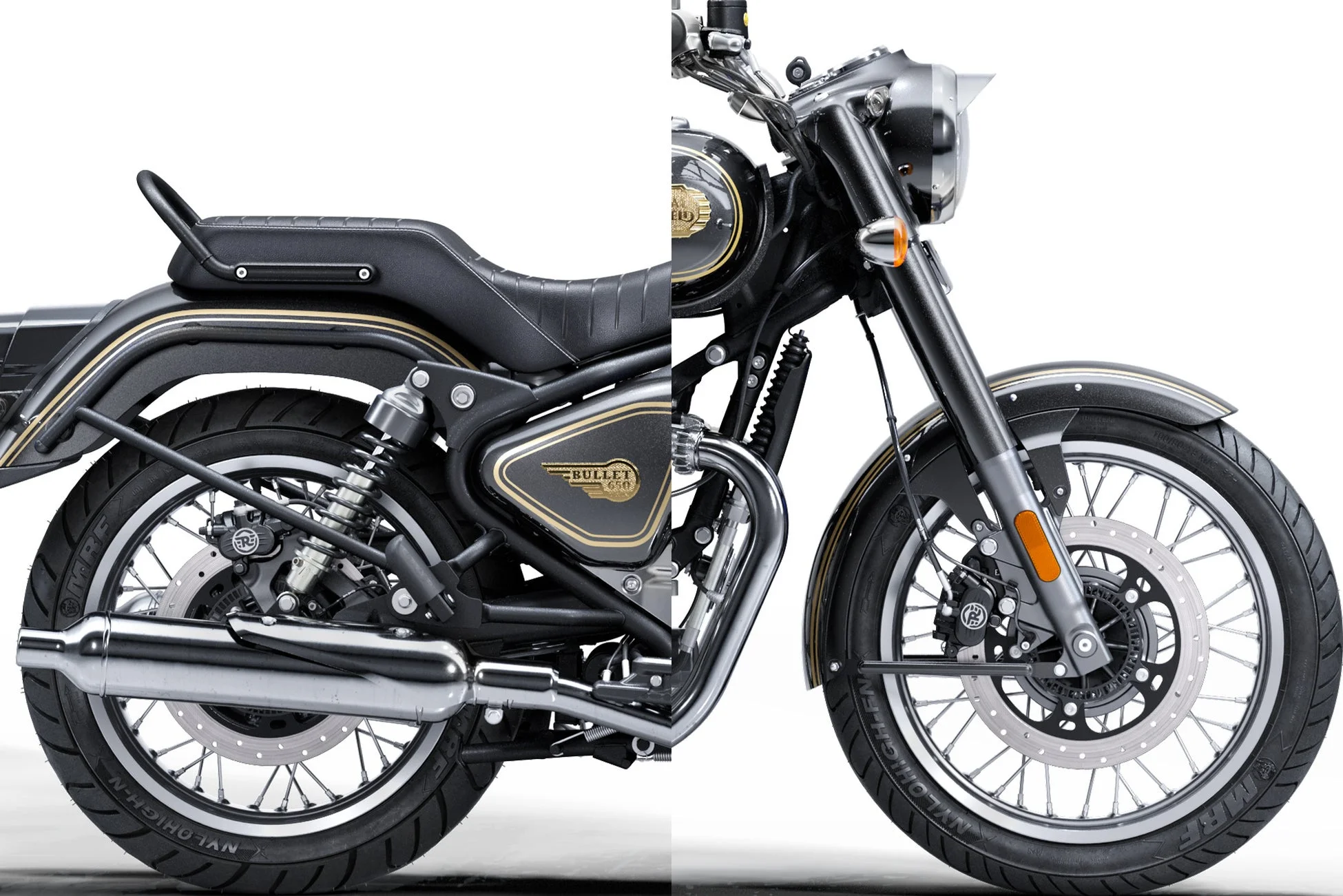 黒とゴールドのアクセントが施されたBULLET 650モーターサイクル