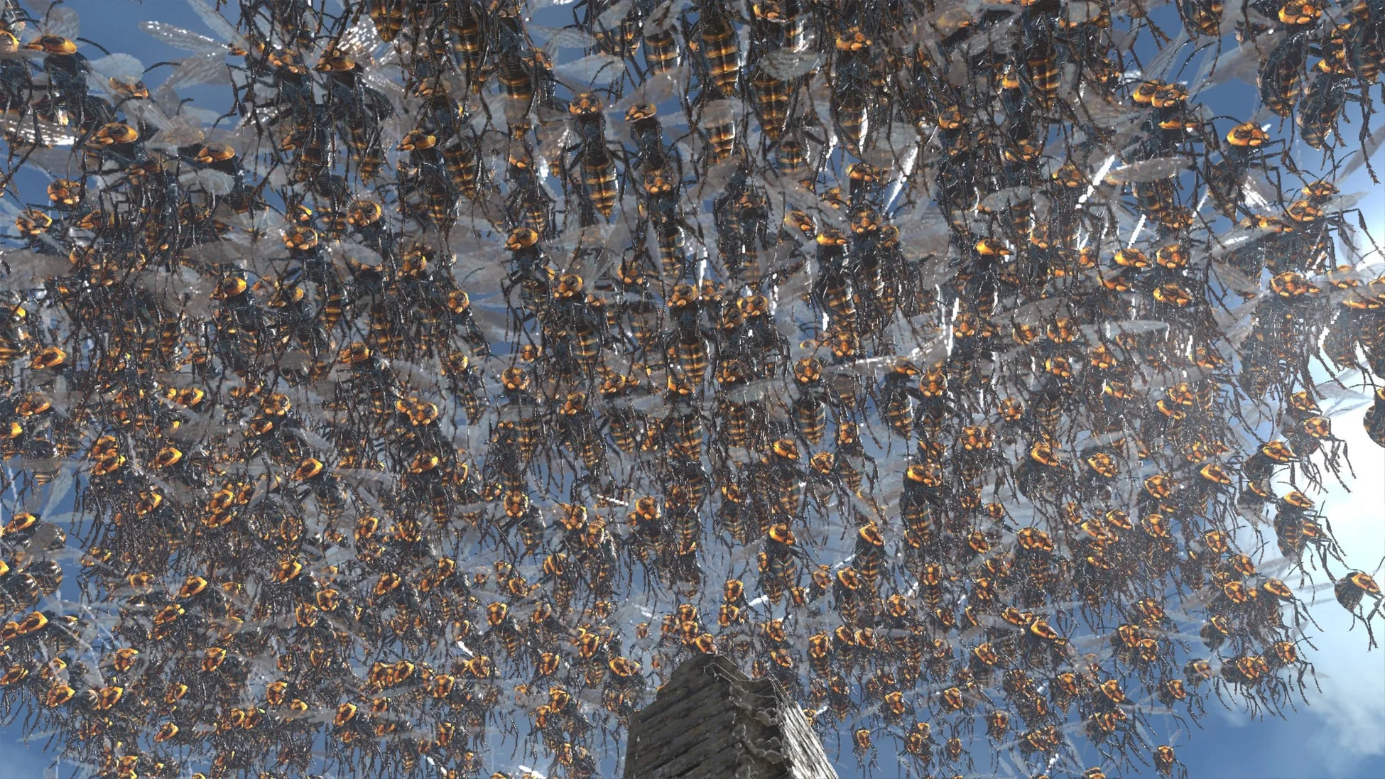 大量の黒とオレンジ色の縞模様のハチまたはスズメバチが、青空を背景に密集して飛び交う様子