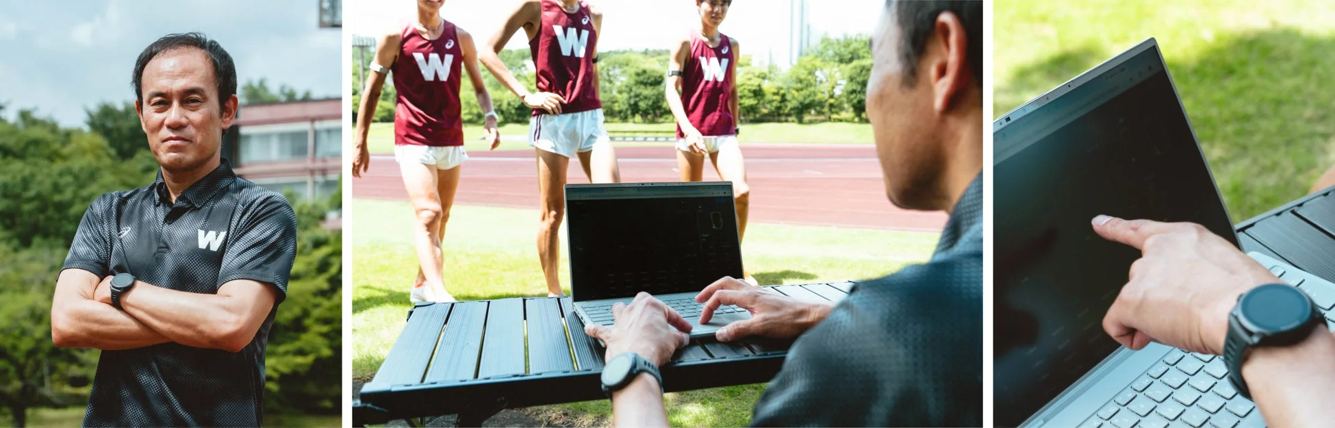 陸上競技のコーチと選手たちが、トラックサイドでトレーニングデータを分析している様子。