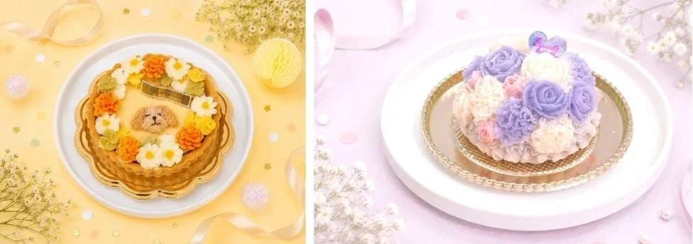犬の顔と花で飾られたタルトと、パステルカラーの花のクリームで覆われたケーキ