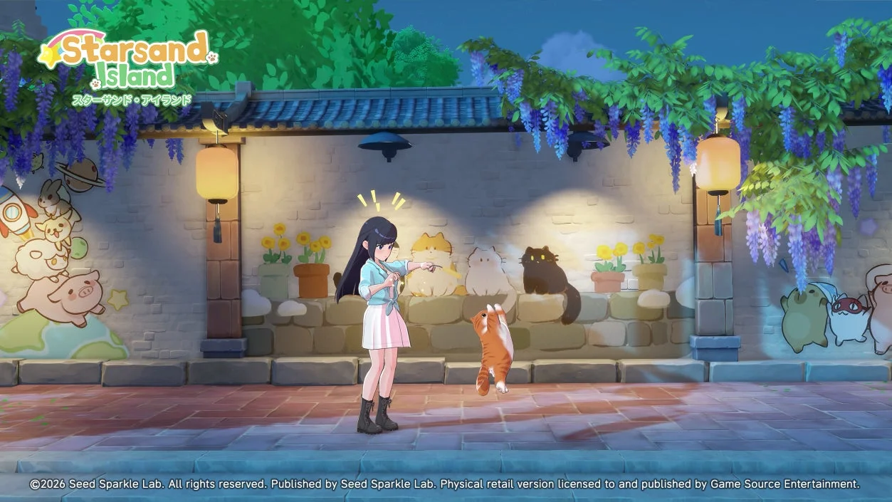 壁画の猫と戯れる少女のゲーム画面