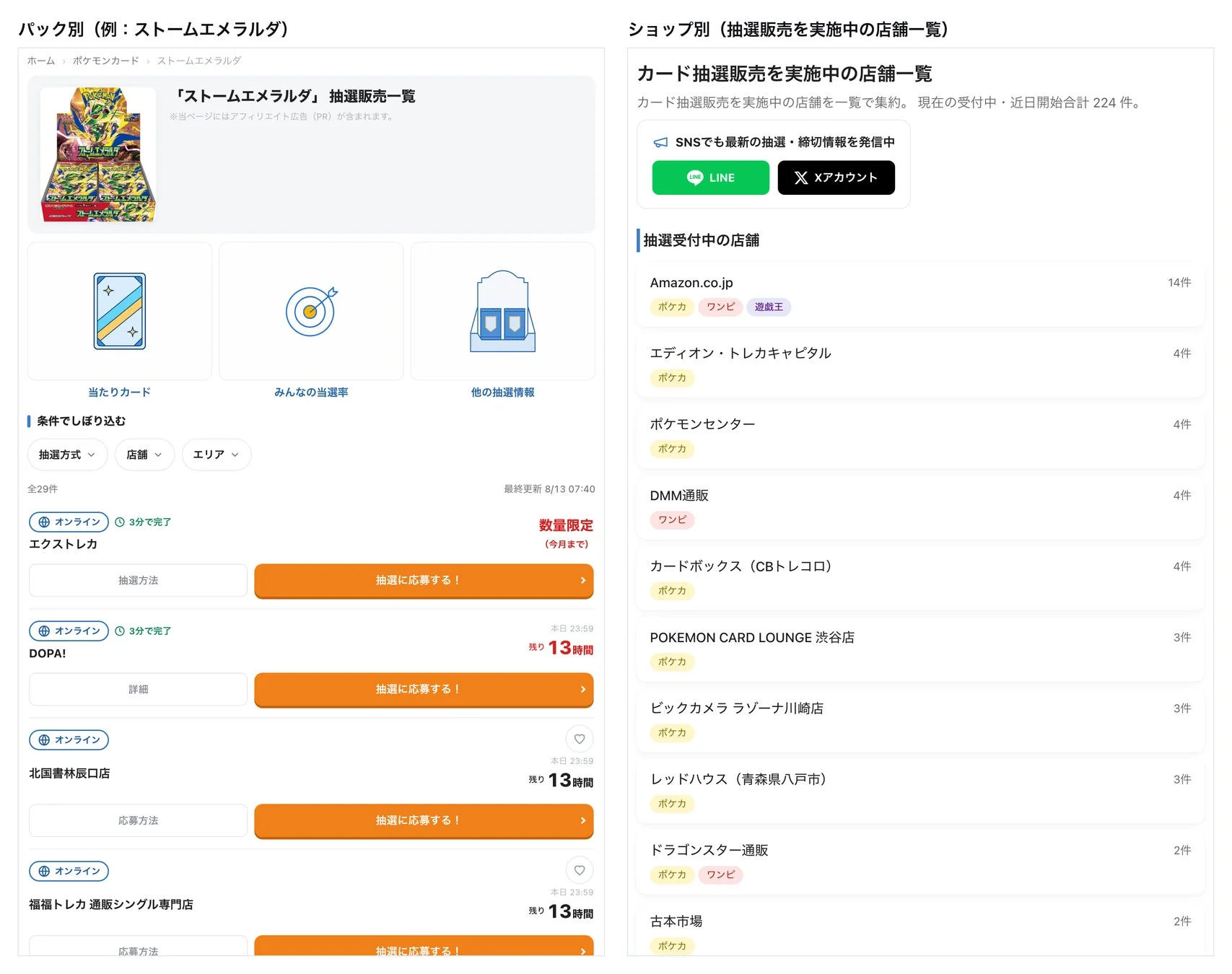 パック別・ショップ別の抽選情報