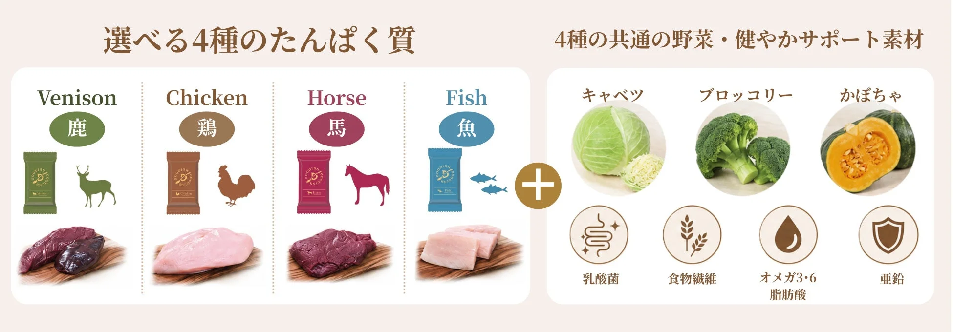 選べる4種のたんぱく質と共通の野菜・健やかサポート素材