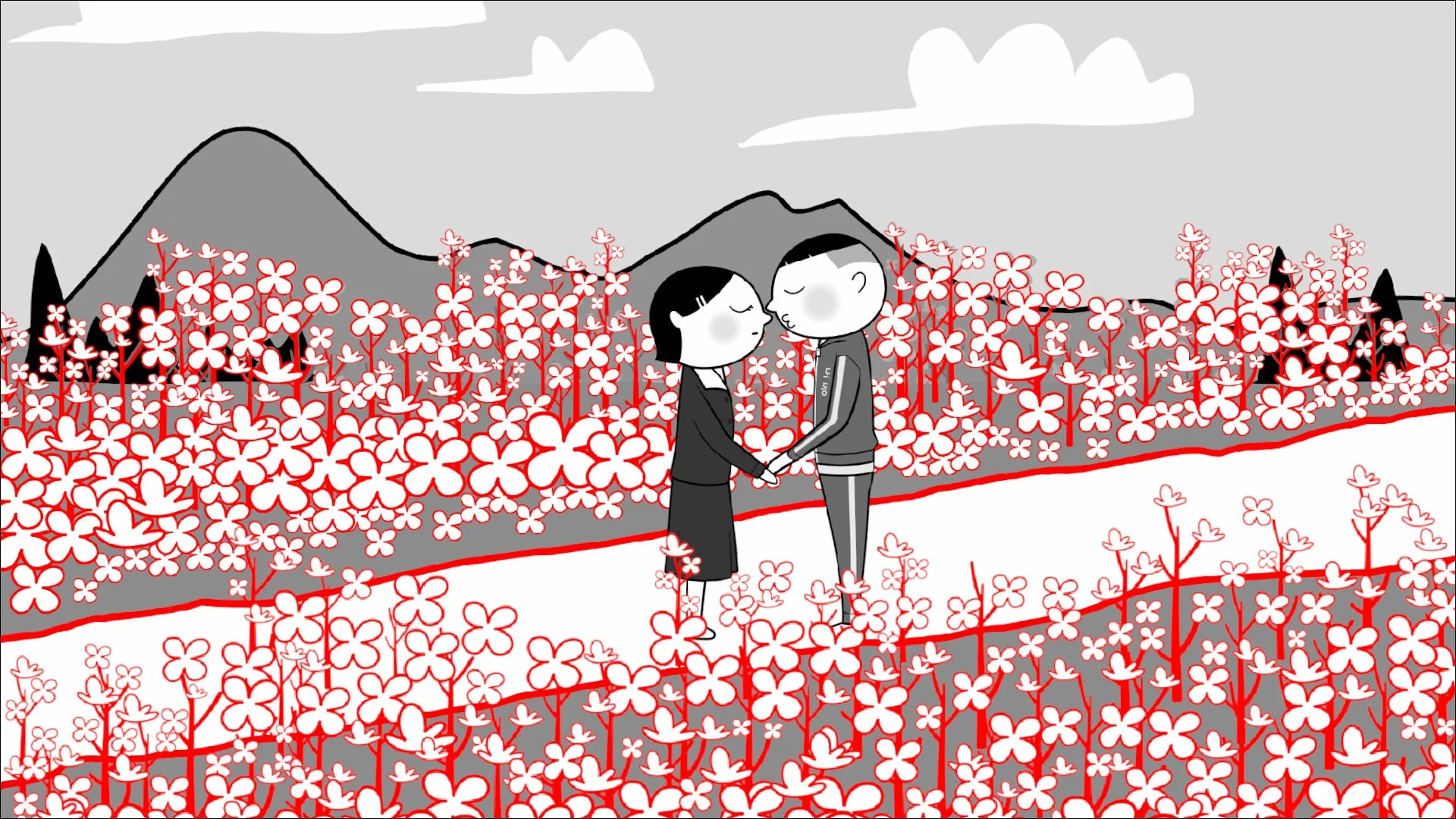 白い花が咲き乱れる野原でキスをしようとしているカップルのイラスト