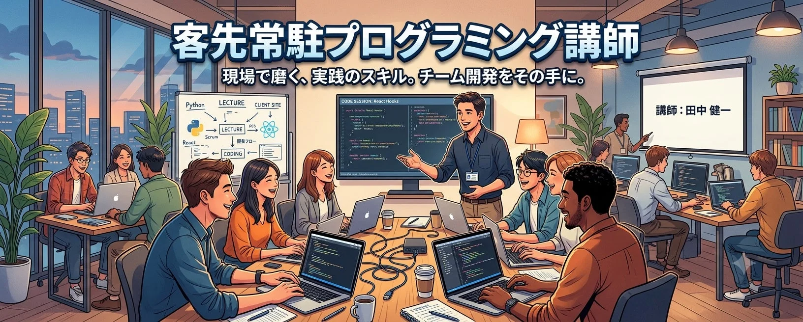プログラミング講師がオフィスで複数の生徒にプログラミングを教えている様子