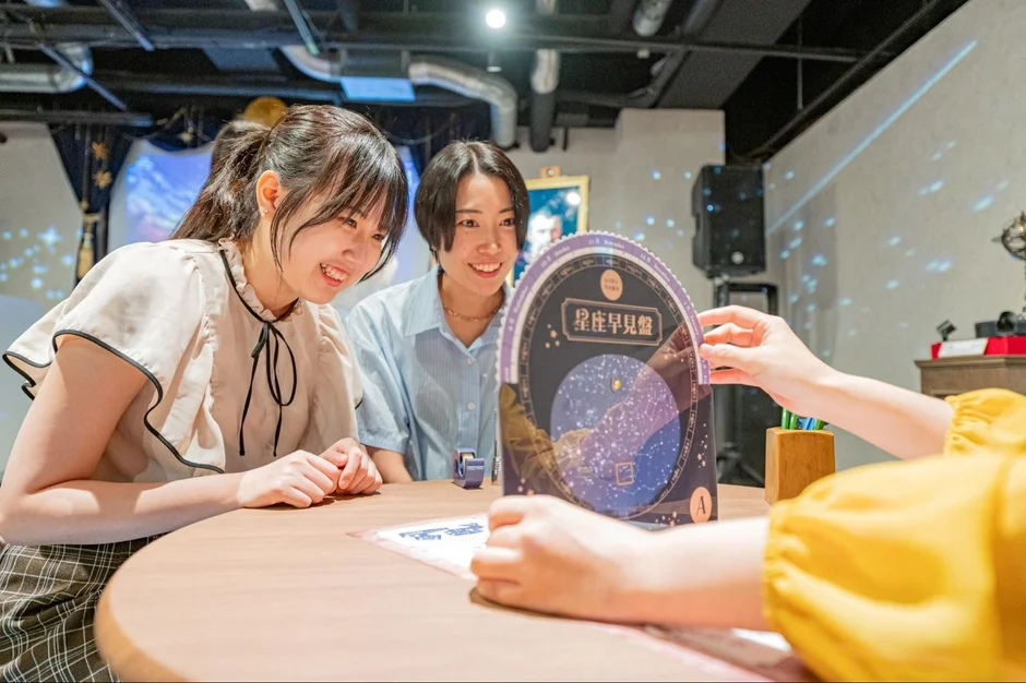 星座早見盤を覗き込む二人の若い女性