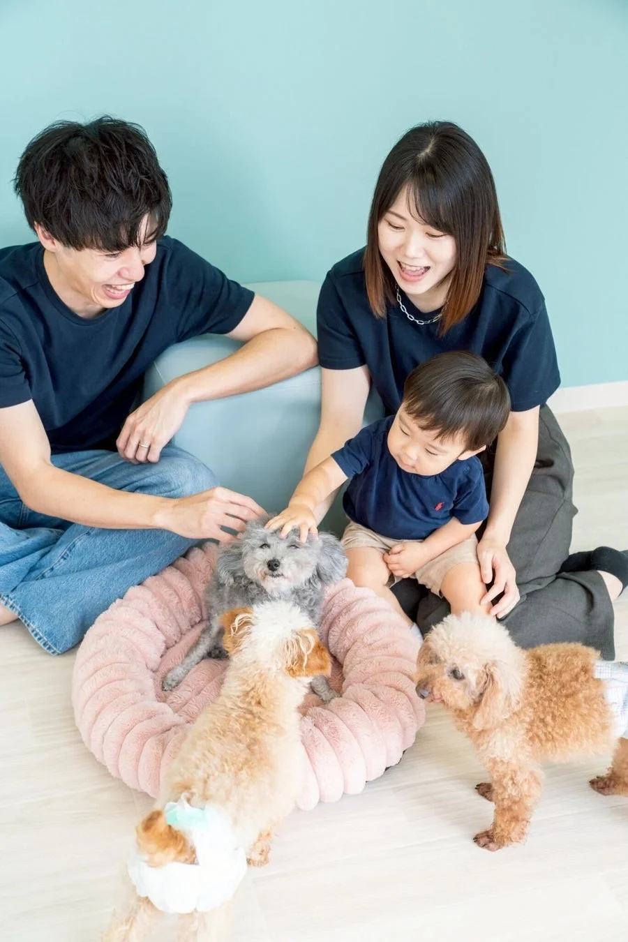 保護犬とふれあう家族