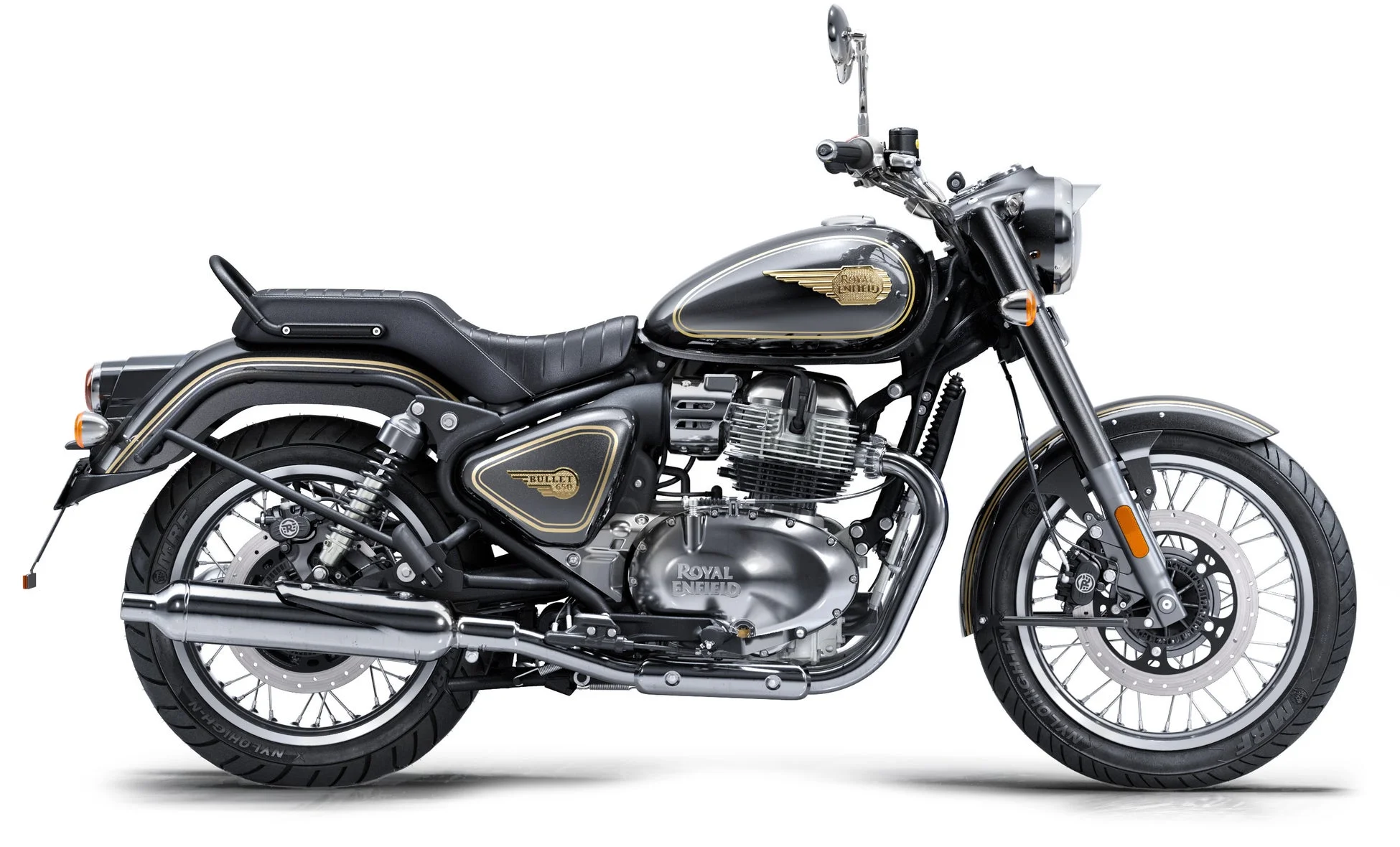 黒とゴールドのカラーリングが特徴的なロイヤルエンフィールドのオートバイ「BULLET 650」