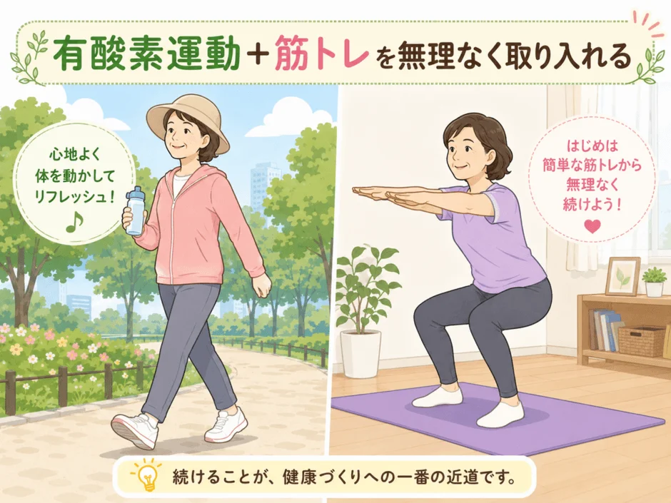 有酸素運動と筋トレを推奨するイラスト