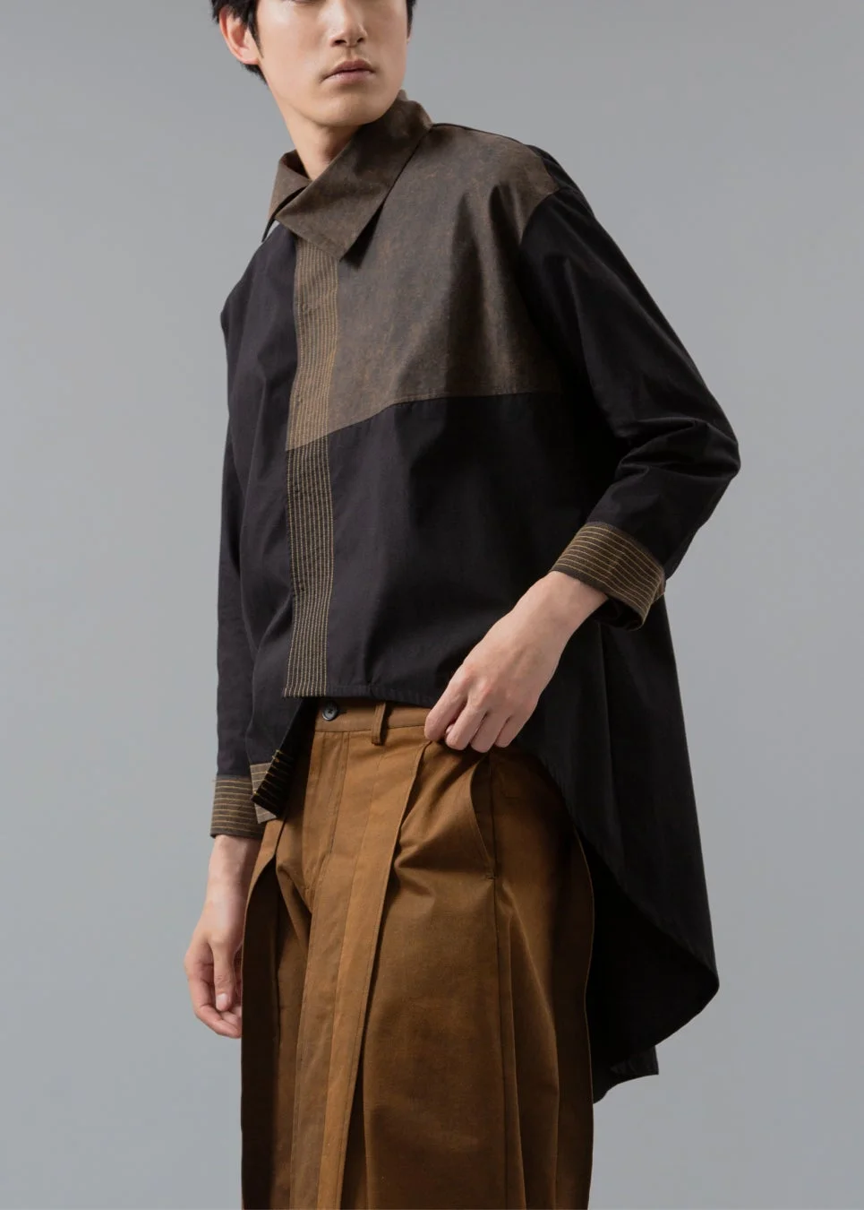 男性ファッション、モード系、シャツ、ワイドパンツ