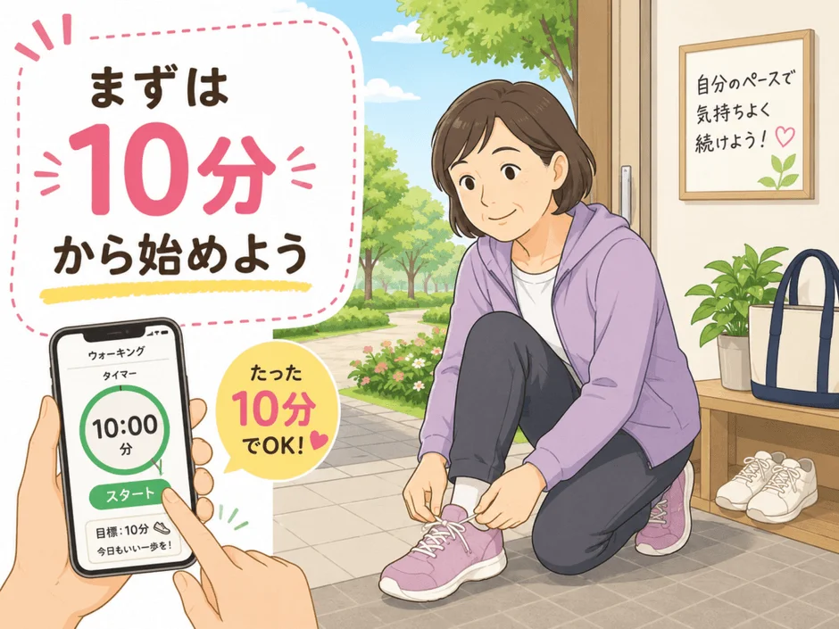ウォーキングの準備をする女性とアプリ