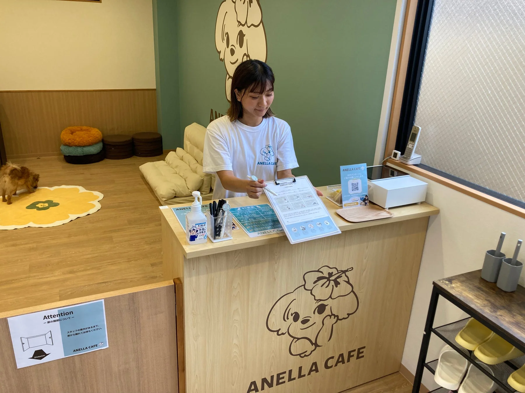 ANELLA CAFEの受付で案内を受ける様子と犬