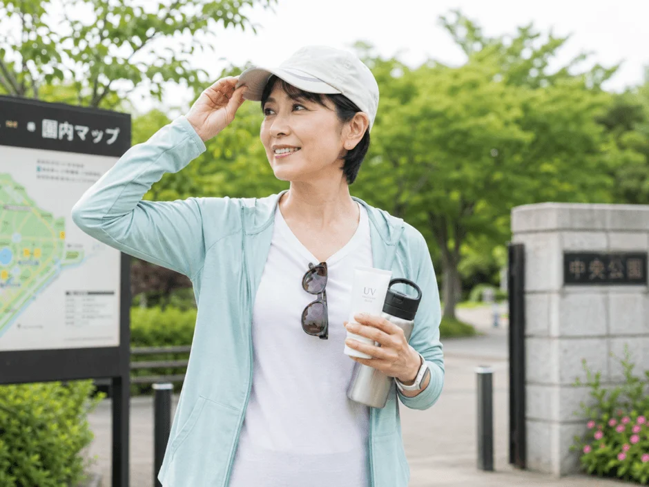 公園で散歩を楽しむ中高年女性