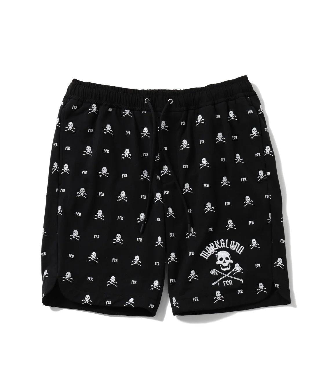 黒地に白のドクロと骨のモチーフが全面にデザインされたショートパンツ