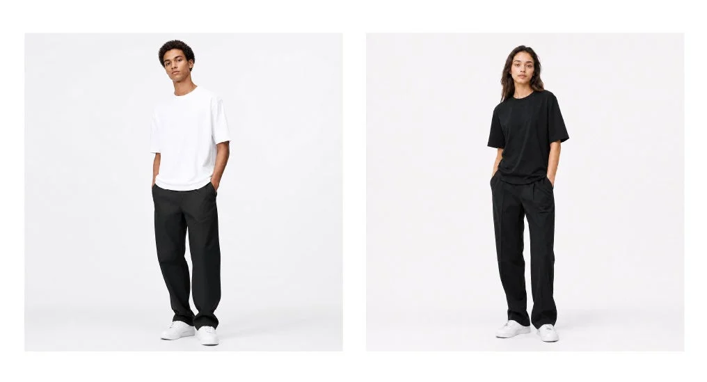 白Tシャツと黒パンツの男性モデルと黒Tシャツと黒パンツの女性モデル