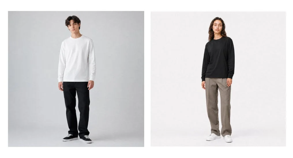 白長袖Tシャツと黒パンツの男性モデルと黒長袖Tシャツとグレーパンツの女性モデル