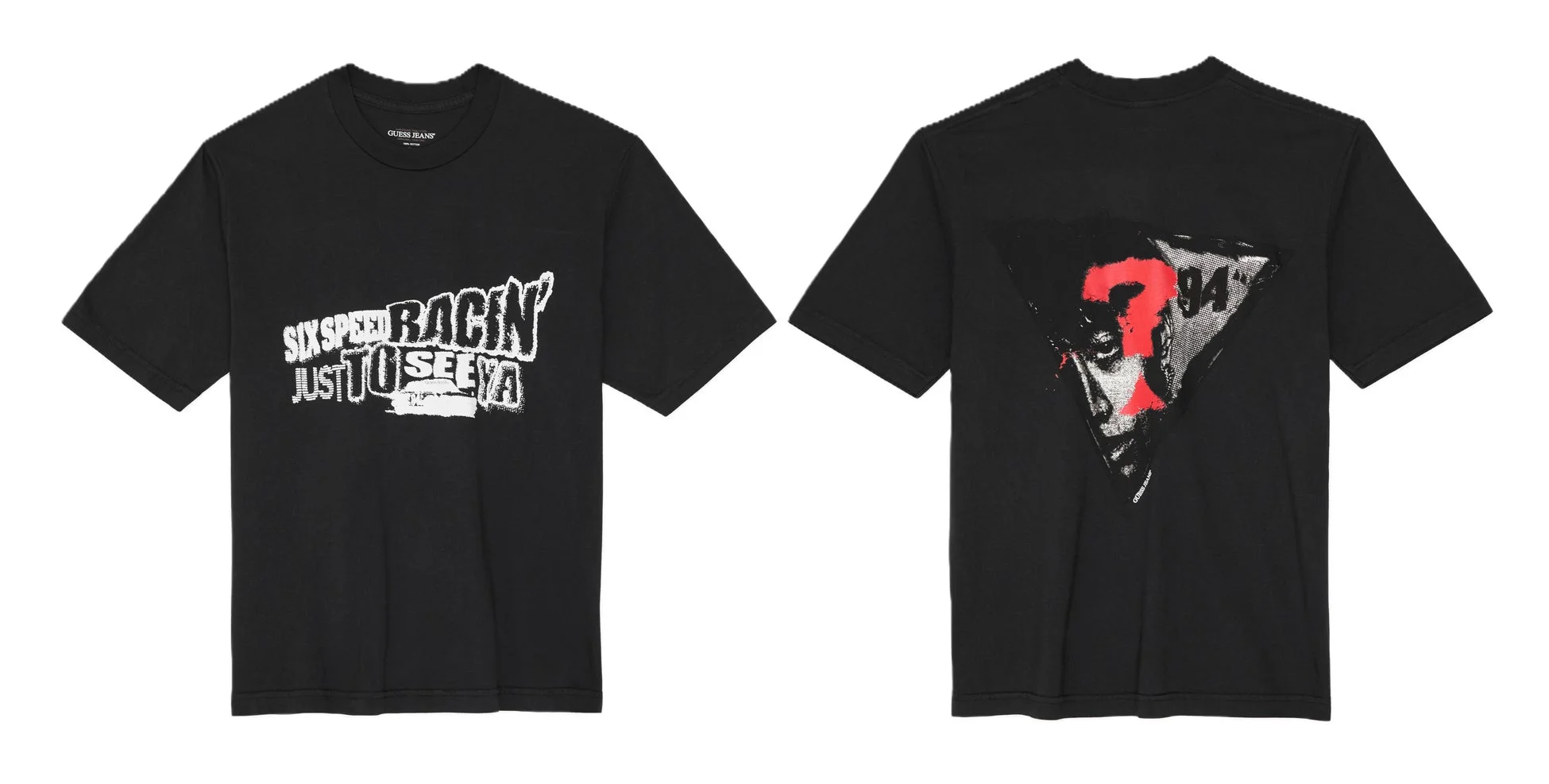 黒の半袖Tシャツで、前面には「SIX SPEED RACIN JUST TO SEEYA」というテキストと「GUESS JEANS」のロゴがプリント