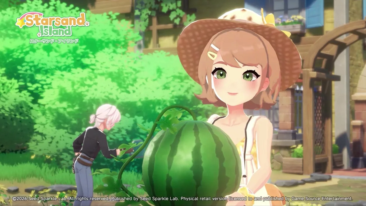 スイカを持つ少女と畑仕事をするキャラクターのゲーム画面