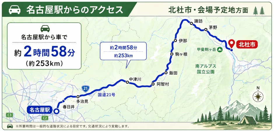 名古屋方面から北杜市へのアクセス地図