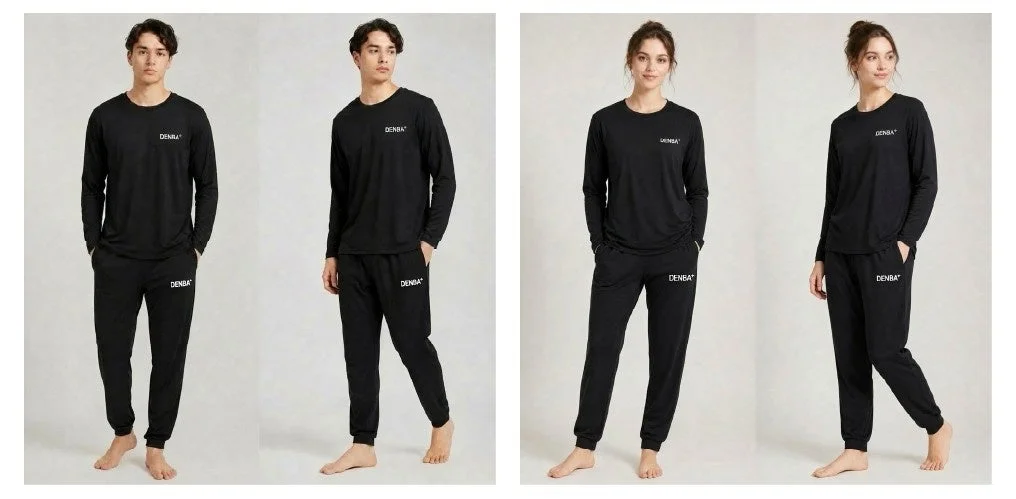 DENBA⁺ロゴ入りの黒い長袖シャツとスウェットパンツを着用した男女モデル