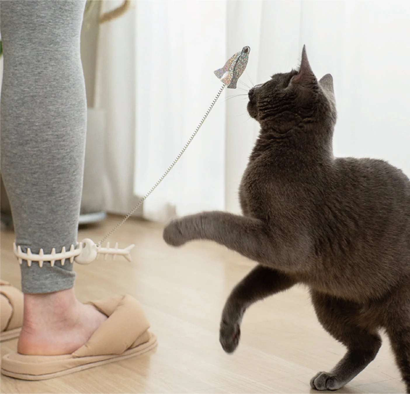 グレーの猫が、人の足首に付けられた魚の形のおもちゃで遊んでいる様子