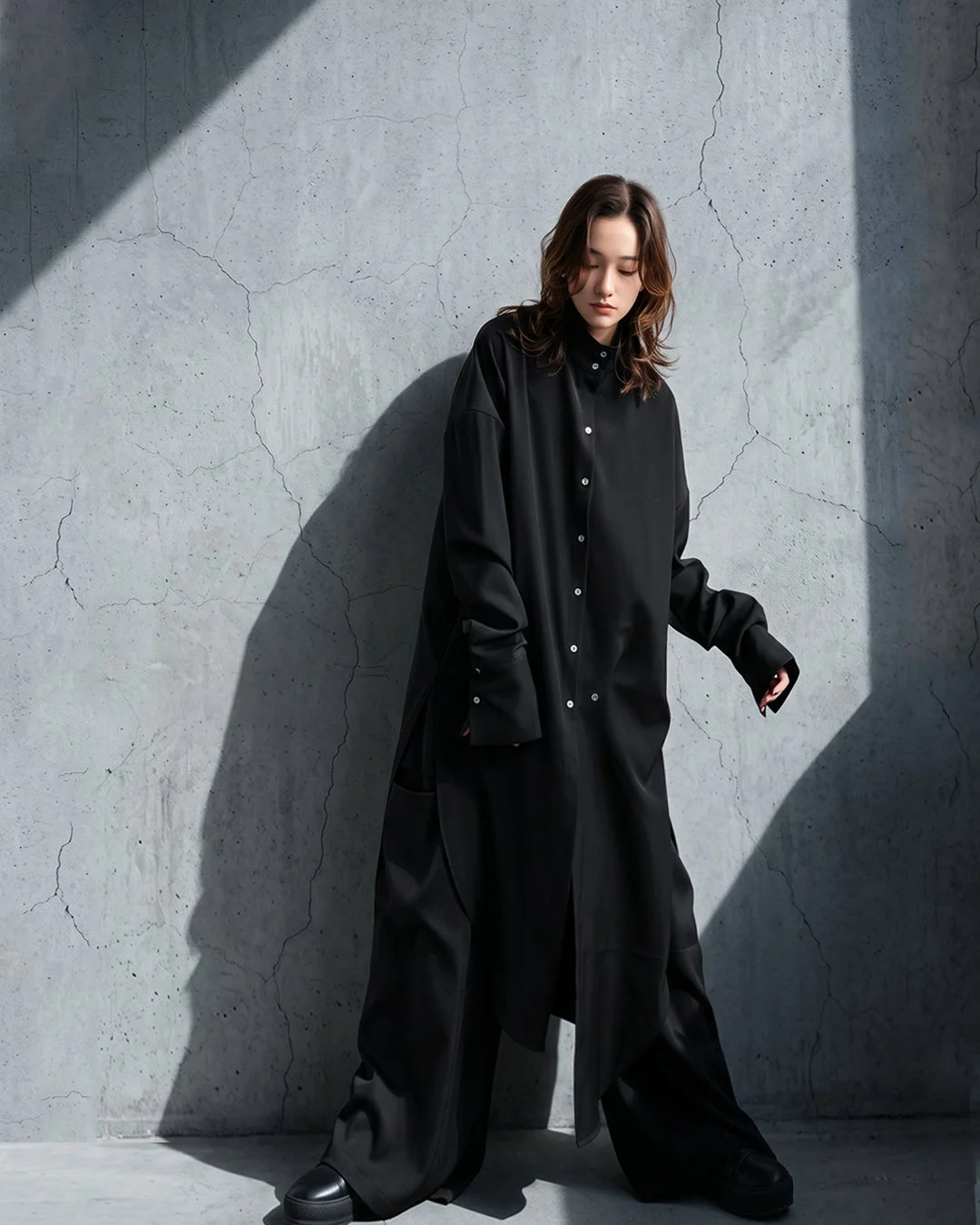 黒のオーバーサイズシャツワンピースのファッション