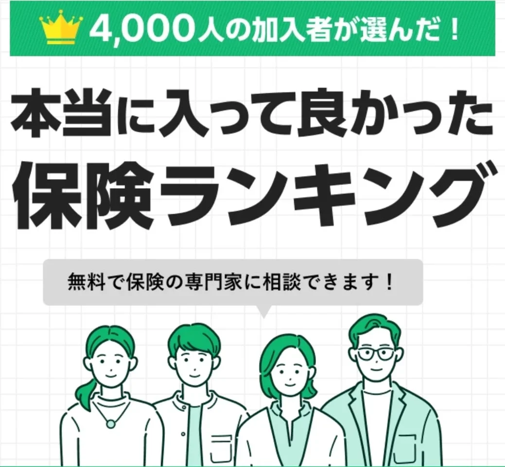 4,000人の加入者が選んだ「本当に良かった保険ランキング」を紹介しています。無料で保険の専門家に相談できるサービスをアピールする画像です。