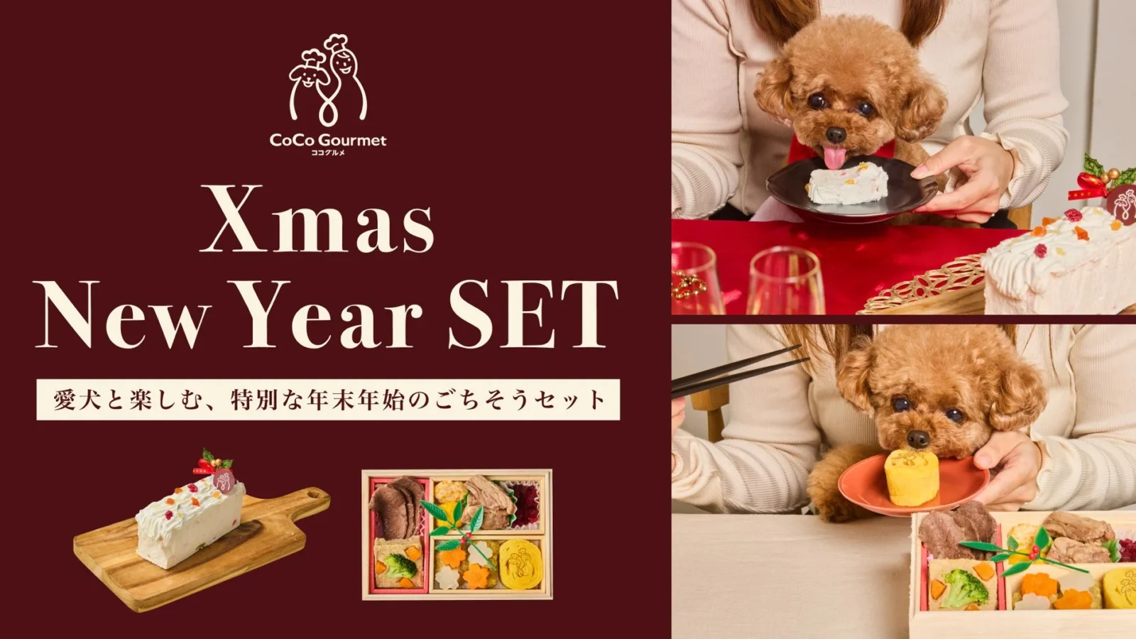 愛犬と迎える特別な年末年始！「ココグルメ」からクリスマスケーキとおせちの限定セットが登場