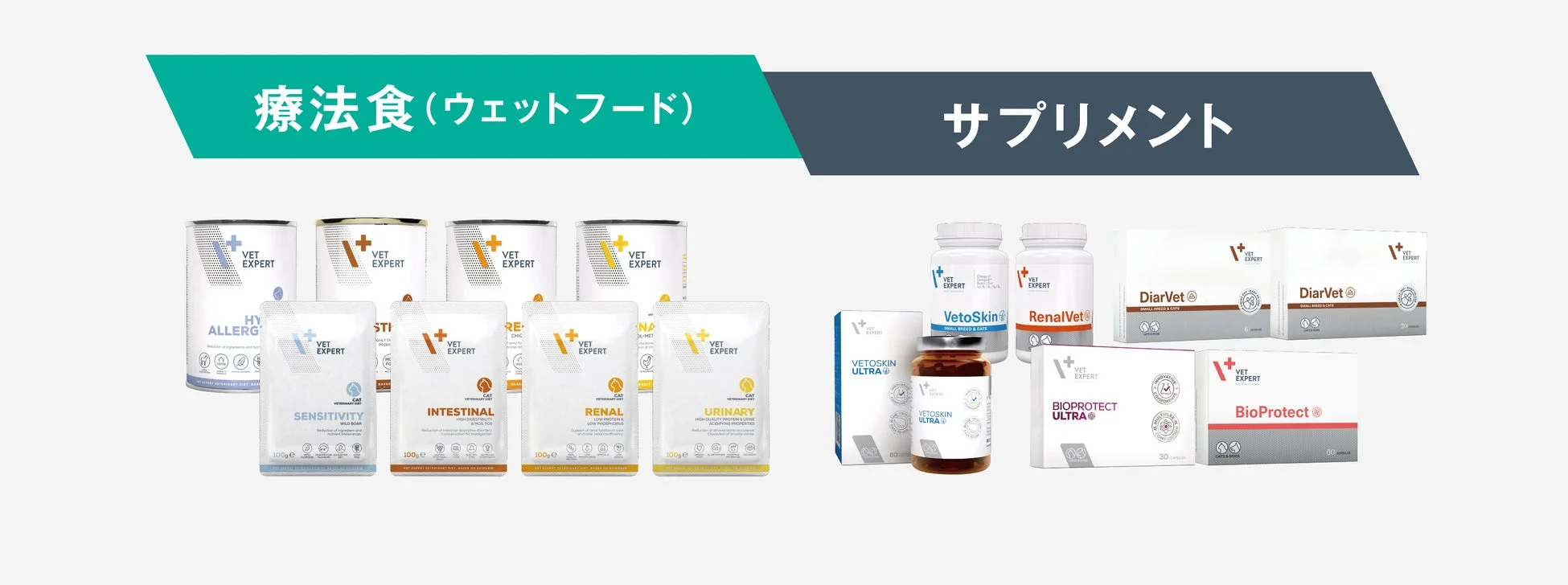 VET EXPERTブランドのペット用療法食（ウェットフード）とサプリメントの製品群