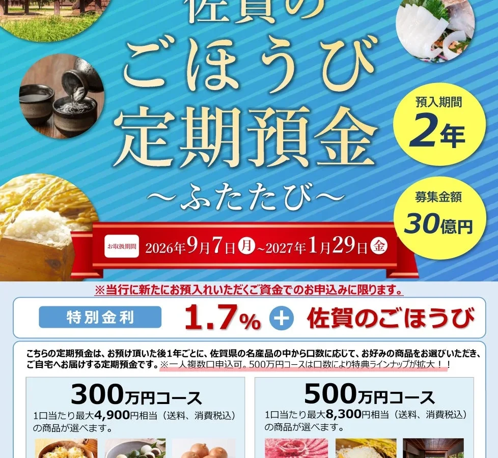 佐賀共栄銀行、全国対応の特別金利定期預金3商品をリリース – 佐賀の名産品特典も