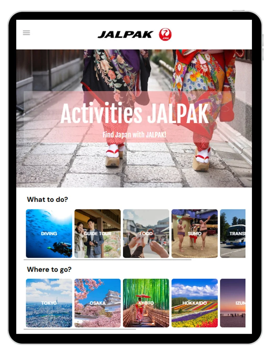 Activities JALPAKのウェブサイトが表示されたタブレット
