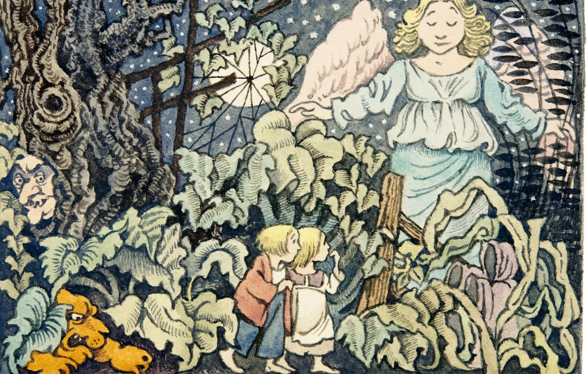 夜の森を進む二人の子供たちを描いた幻想的なイラスト