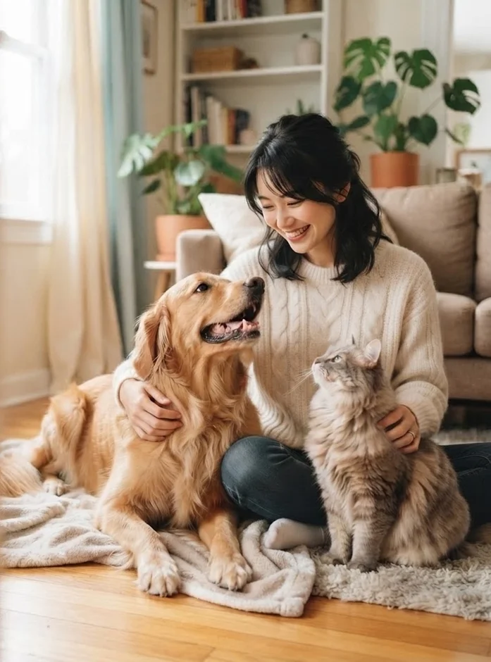 女性、犬、猫、ペット、リビング、笑顔