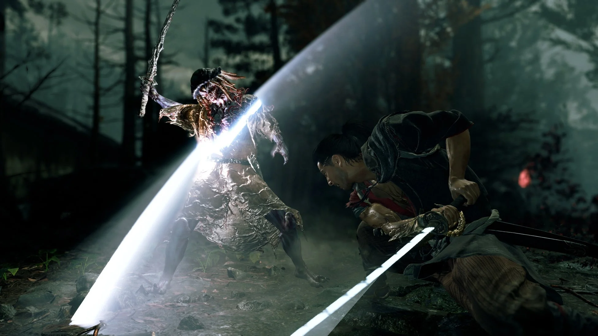 侍が異形の怪物と剣戟を繰り広げるゲームシーン