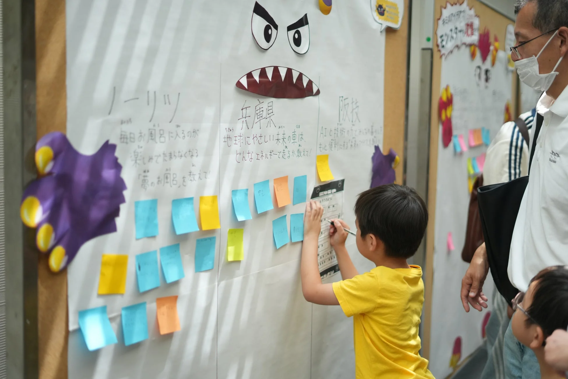 子供,ワークショップ,イベント,アイデア出し,ホワイトボード,付箋,教育
