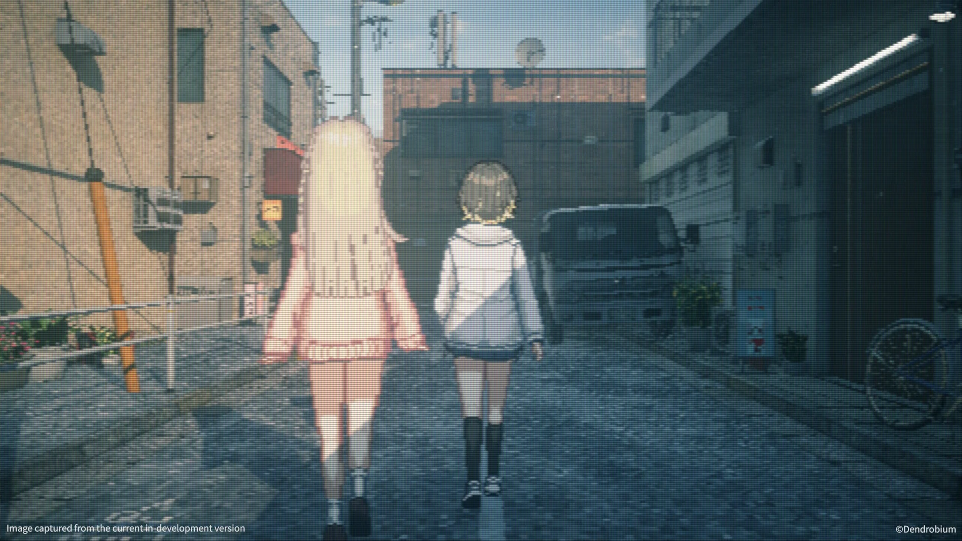 ピクセルアート調の都市の路地を歩く二人の女の子