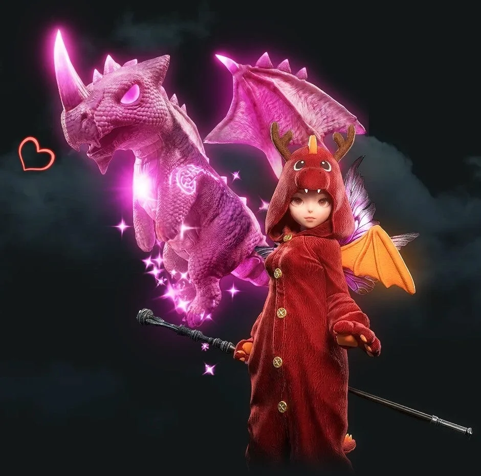 赤いドラゴン着ぐるみのキャラクターとピンクのドラゴン