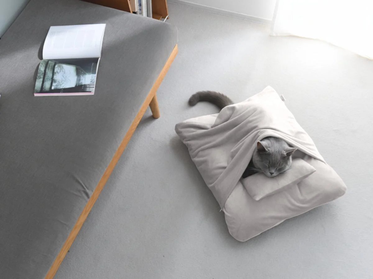 ペットベッドにもぐって眠る猫