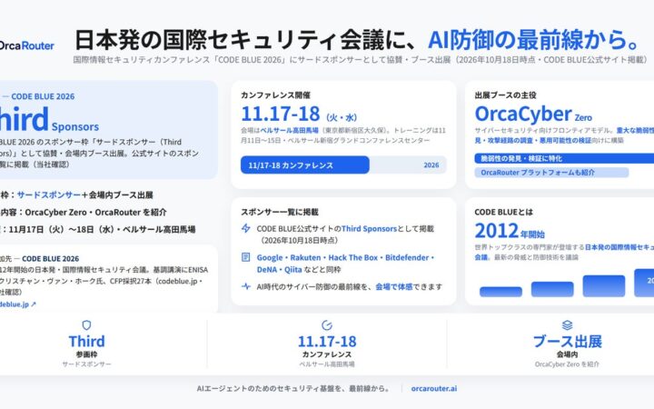 OrcaRouter、日本発の国際情報セキュリティカンファレンス「CODE BLUE 2026」にサードスポンサーとして協賛・出展