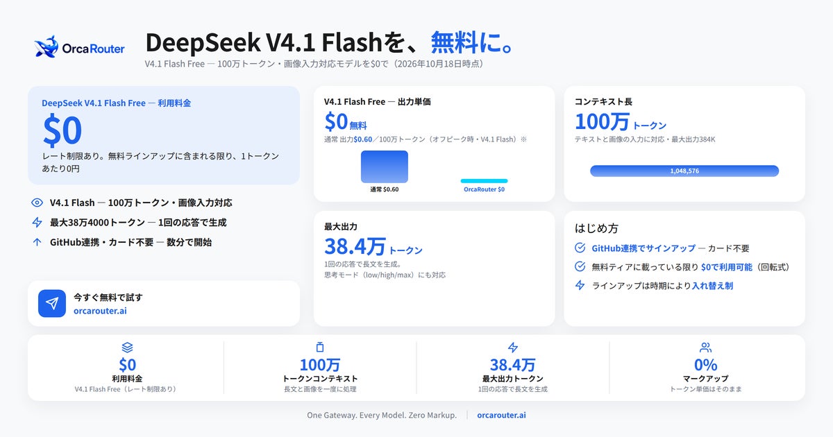 OrcaRouter、DeepSeek V4.1 Flashの無料版「V4.1 Flash Free」を提供開始