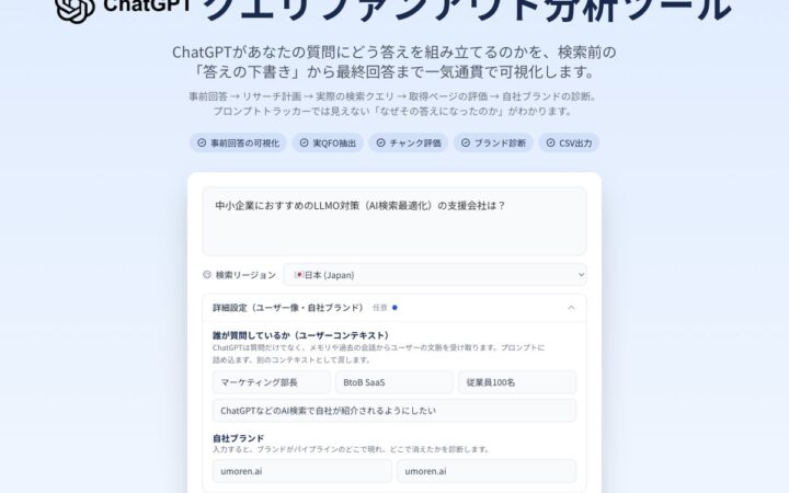【国内唯一※】ChatGPTの「検索前の想定」から「検索・引用・最終回答」まで一気通貫で分析。umoren.ai、無料クエリファンアウト分析ツールを大型アップデート