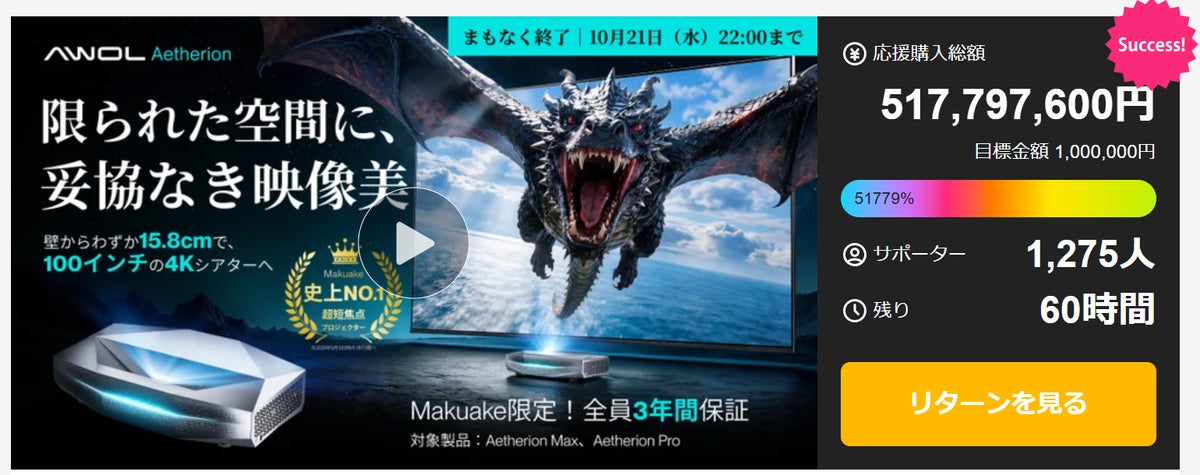 Makuake歴代応援購入総額ランキング第4位を達成｜「AWOL Aetherion」の応援購入は10月21日まで｜Makuake限定で、保証を3年に延長！
