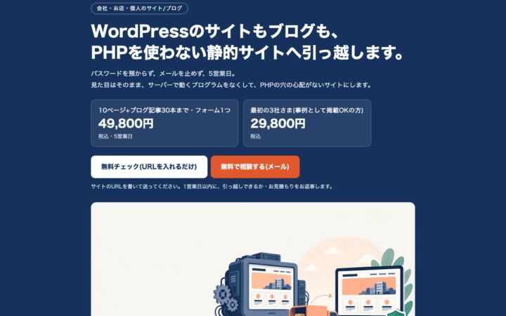 WordPressのサイトを「パスワードを預からず・見た目そのまま」PHPなしの静的サイトへ。株式会社オサラロックが引っ越し代行と無料チェックを開始